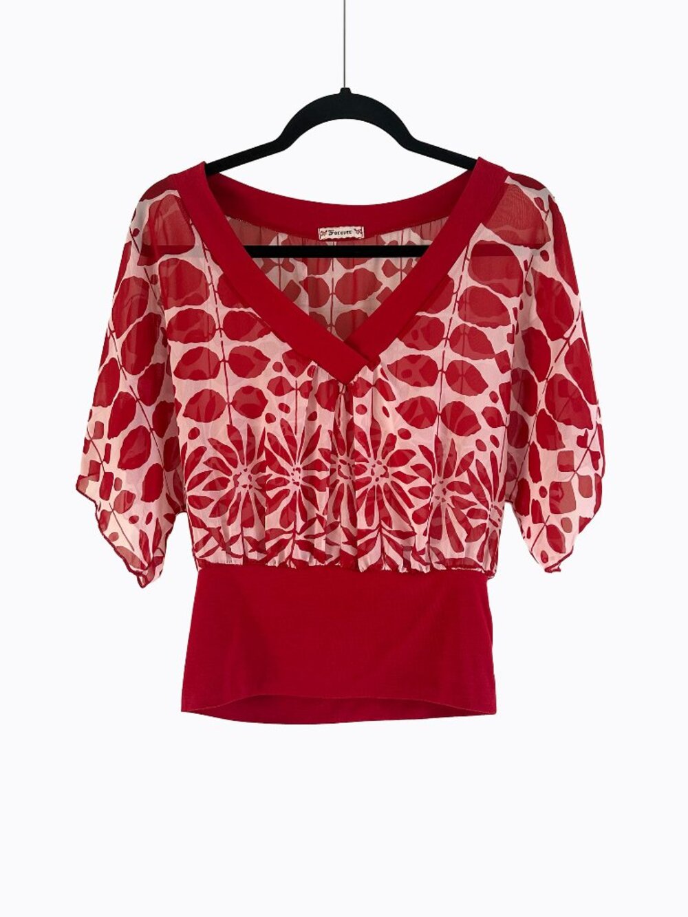 Vtg Y2K Forever 21 Sheer Red Floral Blouse M V-Neck Dolman Banded Waist Boho USA